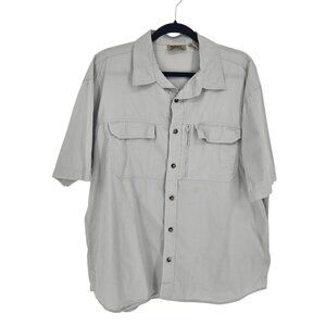 Racks and reels mens XL light gray canvas short sleeve button up fishing shirt